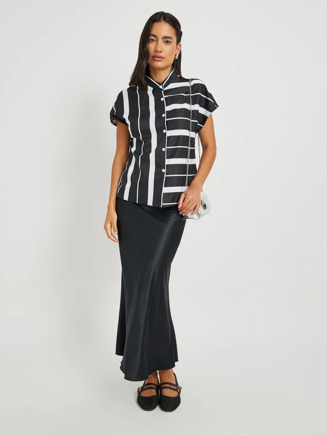Take Two Take Two Striped Stand Collar Short Sleeve Buttoned Top