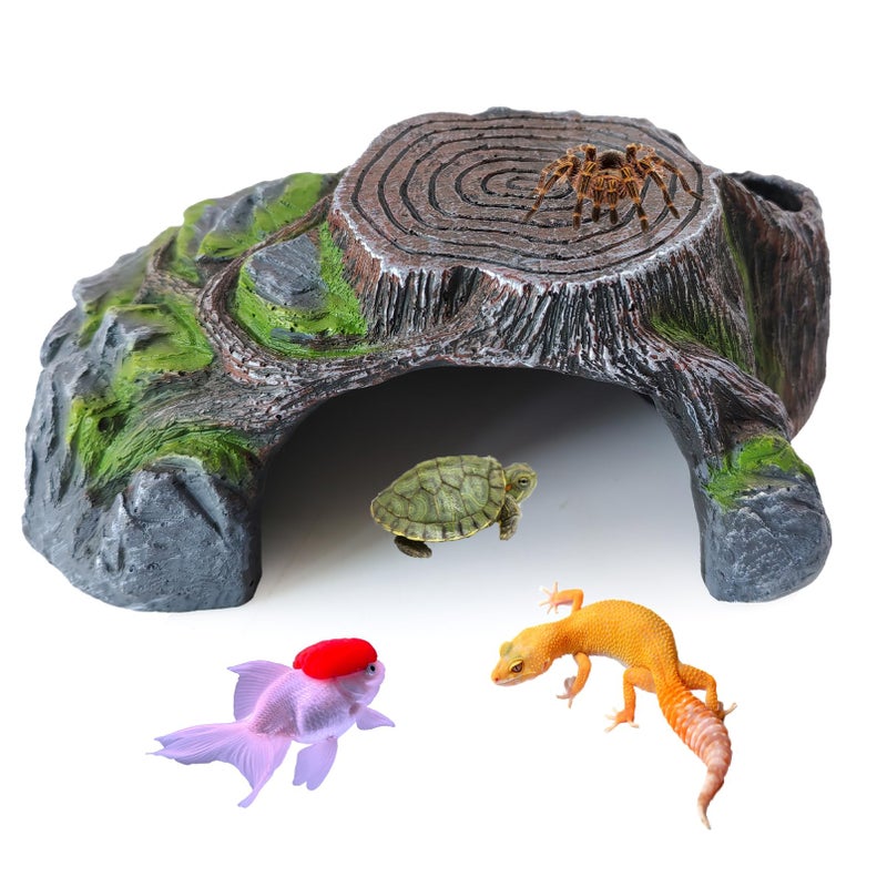 MUYG Resin Reptile Hide Cave,Leopard Gecko Cave Hideout Reptiles Habitat Tree Stump Decor Lizard Tank Climbing Ramp Basking Platform Accessories for Gecko Hermit Crab Small Turtle Frog Spider Scorpion - Image 1