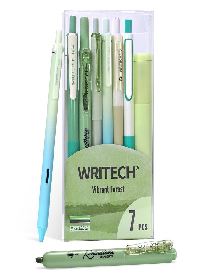 WRITECH أقلام جل للتظليل والتدوين من WRITECH: مجموعة أقلام تظليل بألوان باستيل متنوعة، رأس رفيع 0.5 مم، رأس قابل للسحب 0.7 مم، قلم أسود، كتابة سلسة، رسم بدون نزيف، 7 أقلام (أخضر) - Image 1