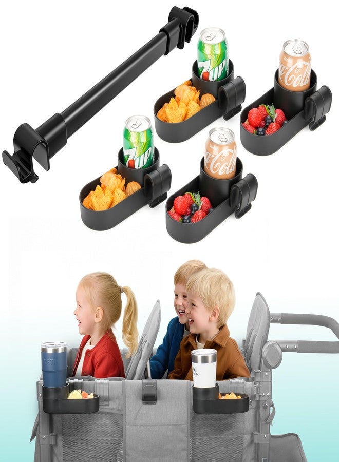 Viotiin Forward-Facing Support Bar + 4-Pack Stroller Wagon Snack Tray with Spill-Proof Cup Holders - Wonderfold Accessories Compatible with WONDERFOLD W4 Elite/Luxe 4-Seater Wagons, Detachable & Easy Install - Image 1