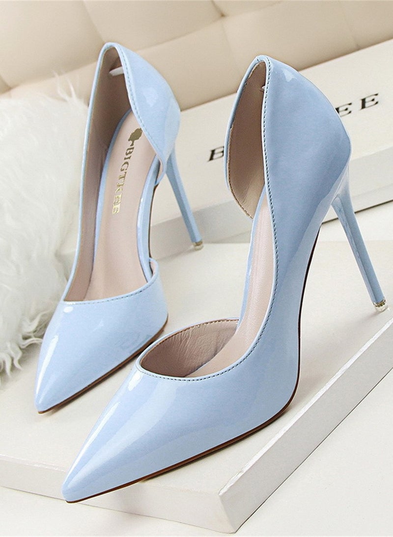 BIGTREE Fashion Simple Slim Patent Leather Shallow Mouth Pointy Hollowed Out Slim Heels  A Blue - Image 1