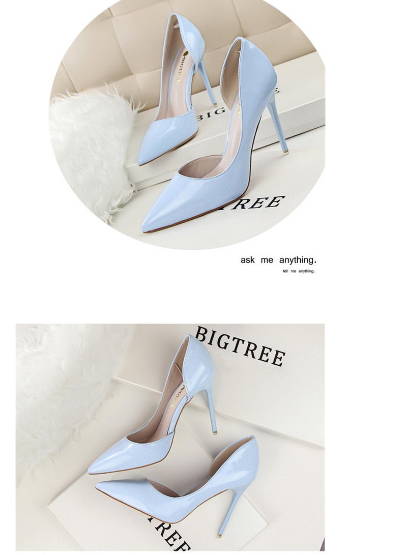 BIGTREE Fashion Simple Slim Patent Leather Shallow Mouth Pointy Hollowed Out Slim Heels  A Blue - Image 2