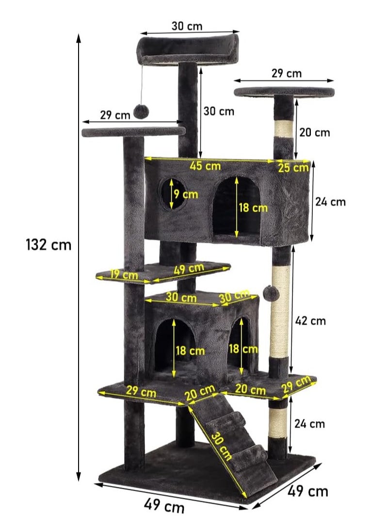NNC PETS Cat tree tower for indoor cats, 132 cm tall with Multiple perches, Climbing ladder, Sisal scratching post, Dual cozy condos, and Dangling ball, Durable cat playground, Easy to assemble (Black) - Image 2