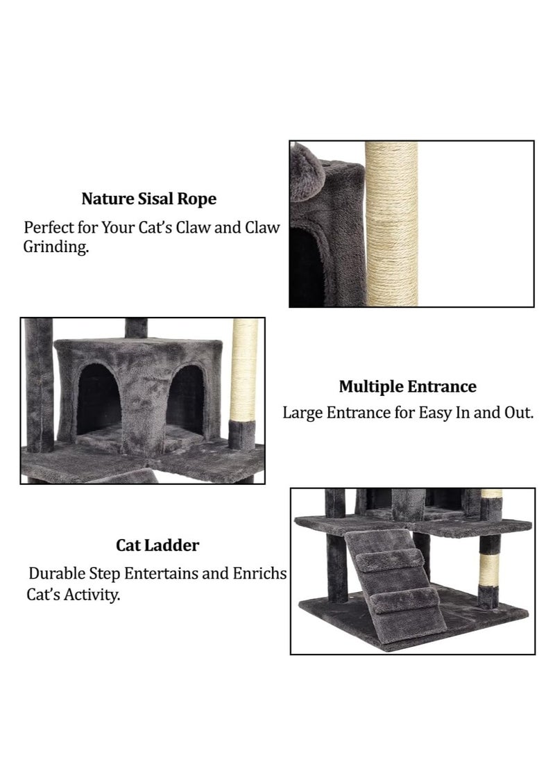 NNC PETS Cat tree tower for indoor cats, 132 cm tall with Multiple perches, Climbing ladder, Sisal scratching post, Dual cozy condos, and Dangling ball, Durable cat playground, Easy to assemble (Black) - Image 3