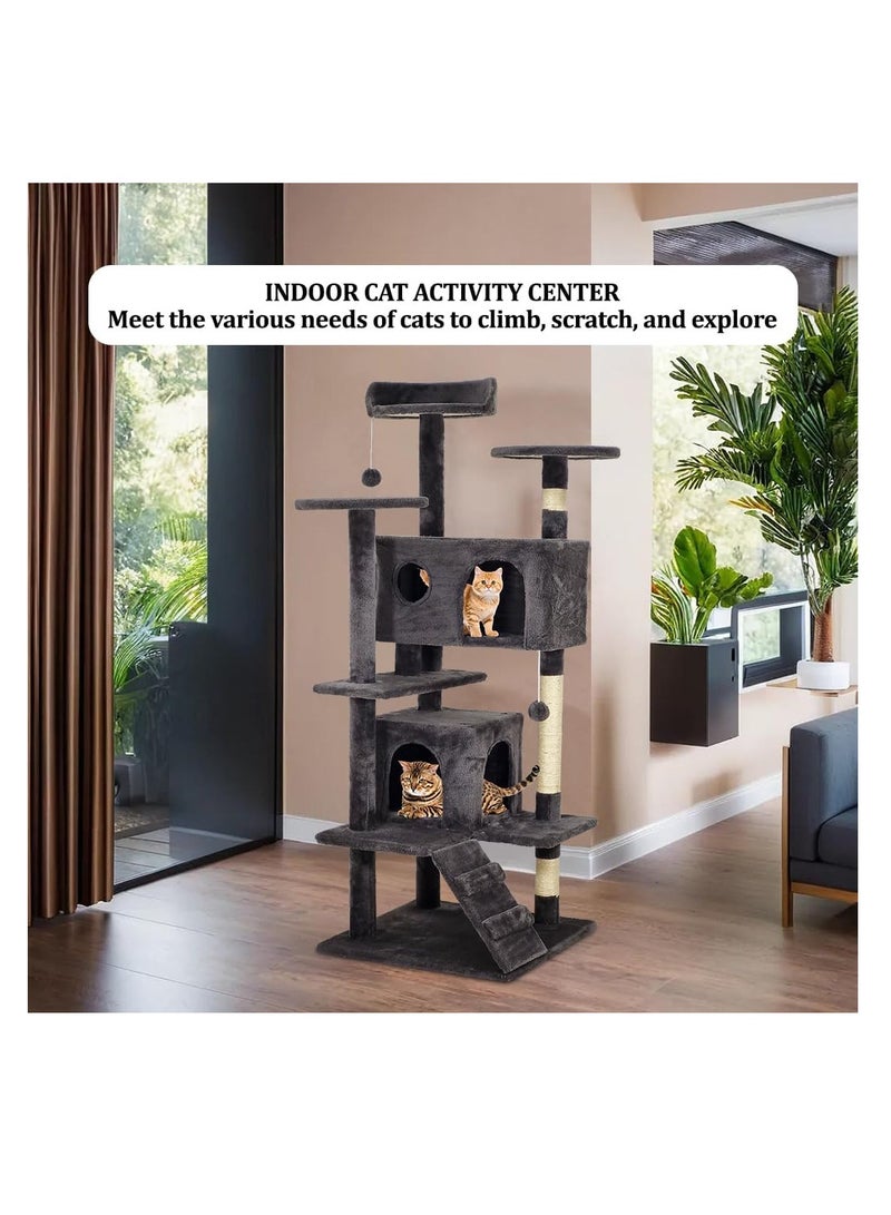 NNC PETS Cat tree tower for indoor cats, 132 cm tall with Multiple perches, Climbing ladder, Sisal scratching post, Dual cozy condos, and Dangling ball, Durable cat playground, Easy to assemble (Black) - Image 5