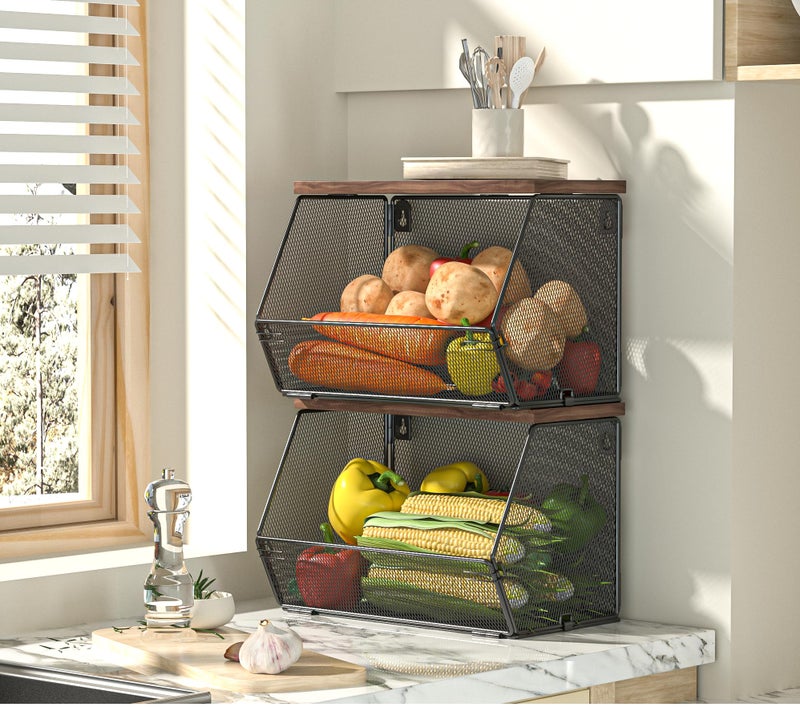 Litwaro Hanging Fruit Basket Wire Baskets with Wood Lid  2 Pack Stackable Kitchen Counter Organizer Countertop Onion and Potato Storage  Wall Mounted Produce Basket for Snack  Fruit and Vegetable Storage - Image 1