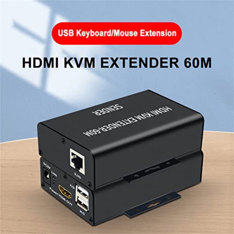 موسع HDMI KVM للكمبيوتر الشخصي، PS5، الكمبيوتر المحمول، استخدام HDTV؛ السكن المعدني أسود؛ نقل 60 متر عبر Cat5/6، 1080P، دعم صوت/فيديو USB - Image 2
