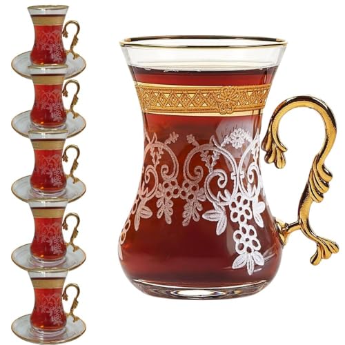Vissmarta Gold Vintage Turkish Moroccan Persian Arabic Tea Glasses Cups and Saucers Set of 6 Drinking Glassware Party Adults Fancy Coffee Drinks Kettle Women Teacup Handle Drinkware Teapot - Image 1