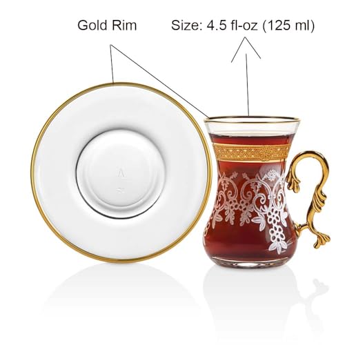 Vissmarta Gold Vintage Turkish Moroccan Persian Arabic Tea Glasses Cups and Saucers Set of 6 Drinking Glassware Party Adults Fancy Coffee Drinks Kettle Women Teacup Handle Drinkware Teapot - Image 5