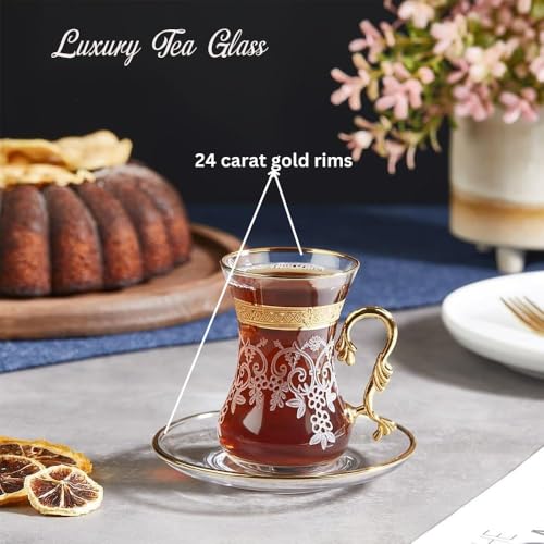 Vissmarta Gold Vintage Turkish Moroccan Persian Arabic Tea Glasses Cups and Saucers Set of 6 Drinking Glassware Party Adults Fancy Coffee Drinks Kettle Women Teacup Handle Drinkware Teapot - Image 3