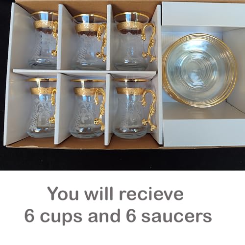 Vissmarta Gold Vintage Turkish Moroccan Persian Arabic Tea Glasses Cups and Saucers Set of 6 Drinking Glassware Party Adults Fancy Coffee Drinks Kettle Women Teacup Handle Drinkware Teapot - Image 4