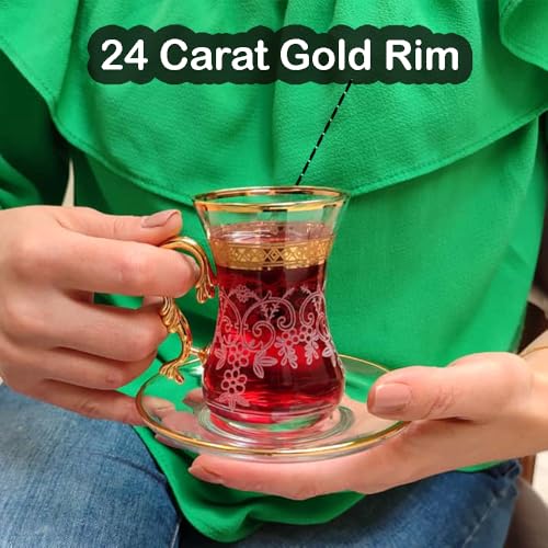 Vissmarta Gold Vintage Turkish Moroccan Persian Arabic Tea Glasses Cups and Saucers Set of 6 Drinking Glassware Party Adults Fancy Coffee Drinks Kettle Women Teacup Handle Drinkware Teapot - Image 2
