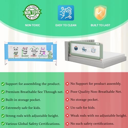 Kiddery Bed Rail for Toddlers & Adults | Adjustable Safety Bed Guard for Kids, Seniors, Elderly | Portable Bed Rail with Storage Pocket – Fits Twin, Full, Queen Beds (Blue Panda Printed, Pack of 1) - Image 4