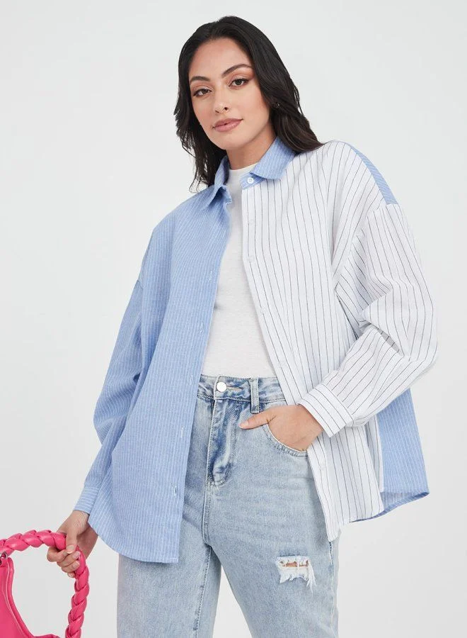 Styli Long Sleeves Pinstripe Colorblock Oversized Shirt