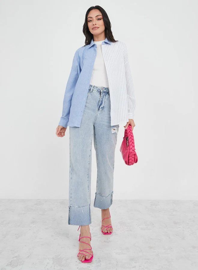 Styli Long Sleeves Pinstripe Colorblock Oversized Shirt