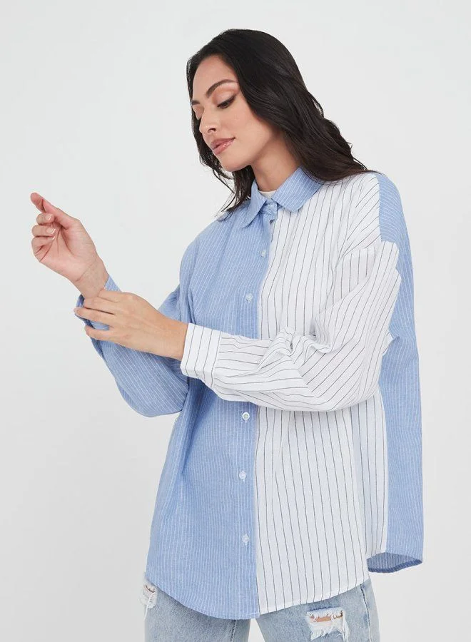 Styli Long Sleeves Pinstripe Colorblock Oversized Shirt