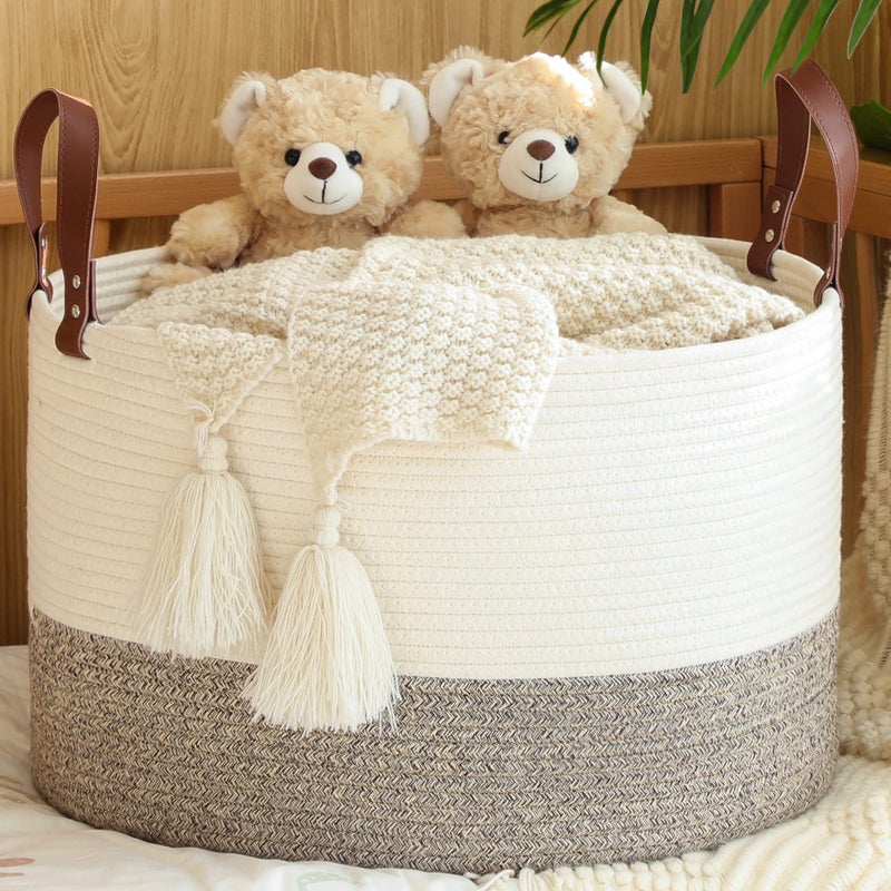 KAKAMAY Large Blanket Basket 20x13Woven Baskets for storage Baby Laundry HamperCotton Rope Blanket Basket for Living Room Laundry Nursery Pillows Baby Toy chest WhiteBeige
