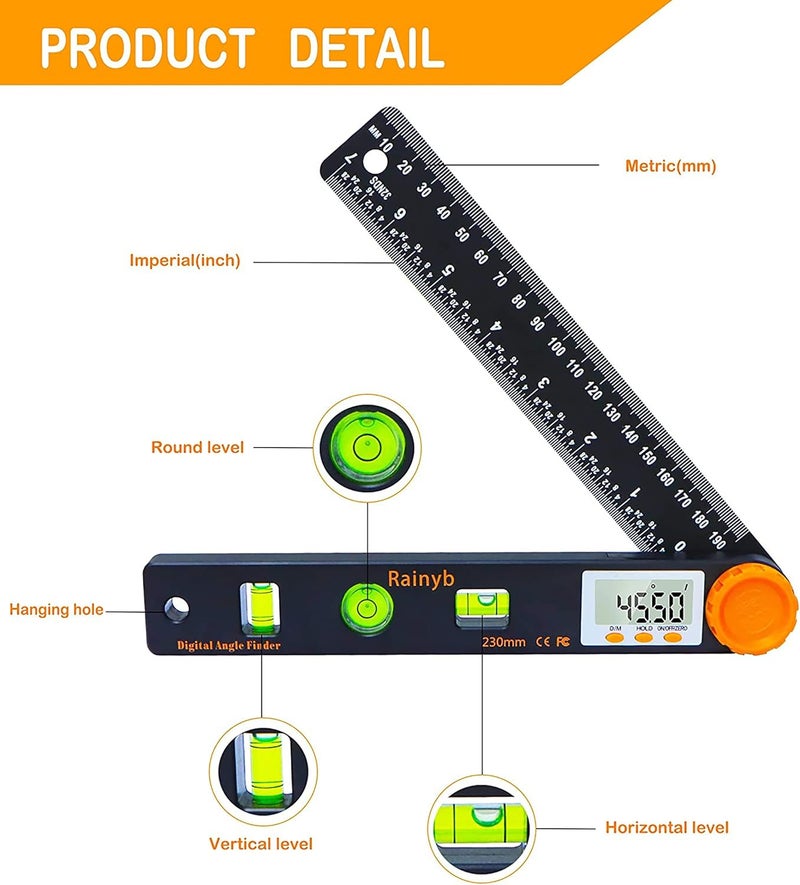Rainyb Digital Angle Finder Tool 7inch 0-360 degree LED Digital Protractor with Horizontal Vertical Bubble Levels and Ruler Meter Accurate Tools for Carpenters,Woodworkers,Fabricators - Image 2