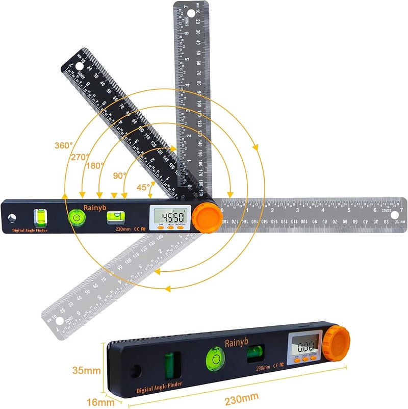 Rainyb Digital Angle Finder Tool 7inch 0-360 degree LED Digital Protractor with Horizontal Vertical Bubble Levels and Ruler Meter Accurate Tools for Carpenters,Woodworkers,Fabricators - Image 4