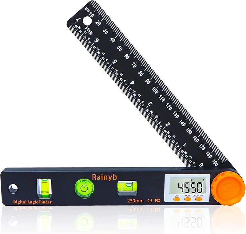 Rainyb Digital Angle Finder Tool 7inch 0-360 degree LED Digital Protractor with Horizontal Vertical Bubble Levels and Ruler Meter Accurate Tools for Carpenters,Woodworkers,Fabricators - Image 1
