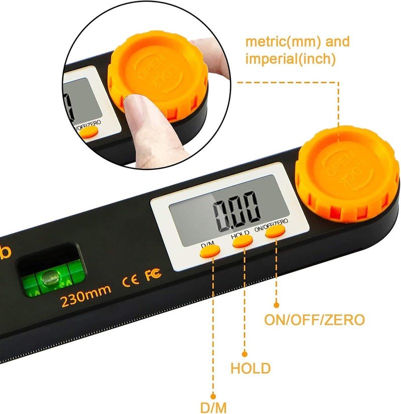 Rainyb Digital Angle Finder Tool 7inch 0-360 degree LED Digital Protractor with Horizontal Vertical Bubble Levels and Ruler Meter Accurate Tools for Carpenters,Woodworkers,Fabricators - Image 3