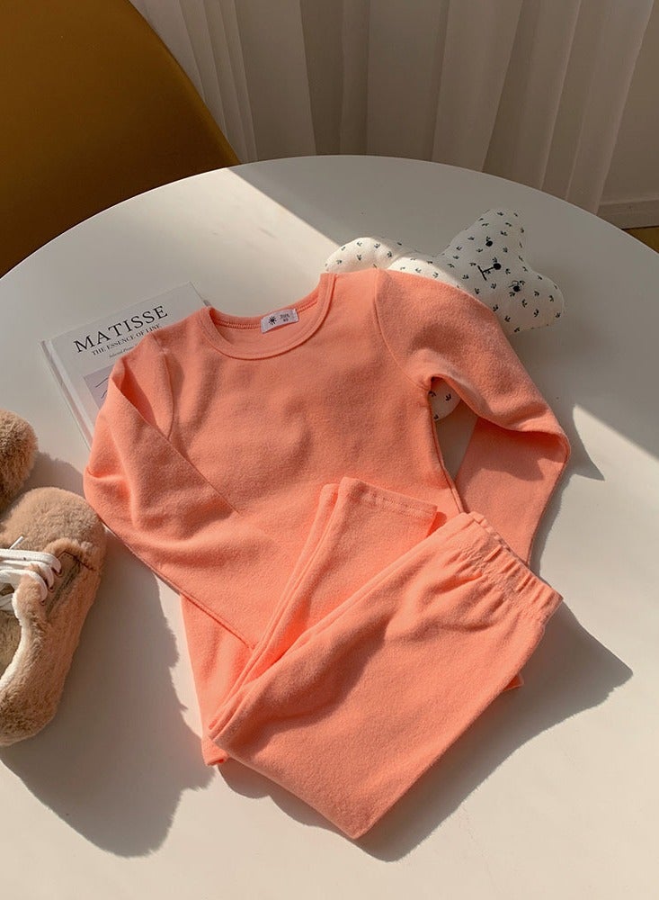 Kids Solid Color Thermal Underwear Set Cotton Soft Base Layer Top & Bottom Children's Pajama Set Orange