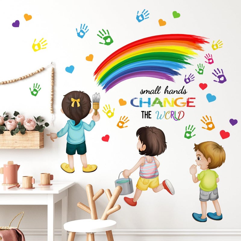 Mirabuy Inspirational Quote Small Hands Change The World Wall Decals Rainbow Handprints Wall Stickers for School Classroom Kids Room Nursery Playroom Library Wall Decor - Image 3