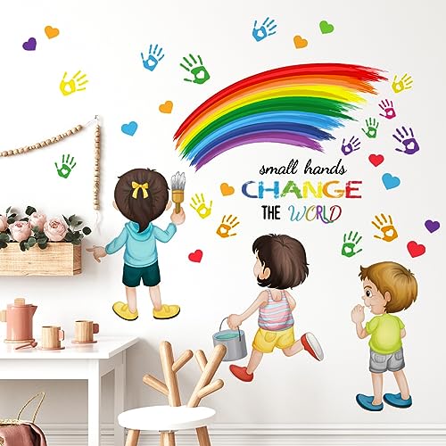 Mirabuy Inspirational Quote Small Hands Change The World Wall Decals Rainbow Handprints Wall Stickers for School Classroom Kids Room Nursery Playroom Library Wall Decor - Image 1