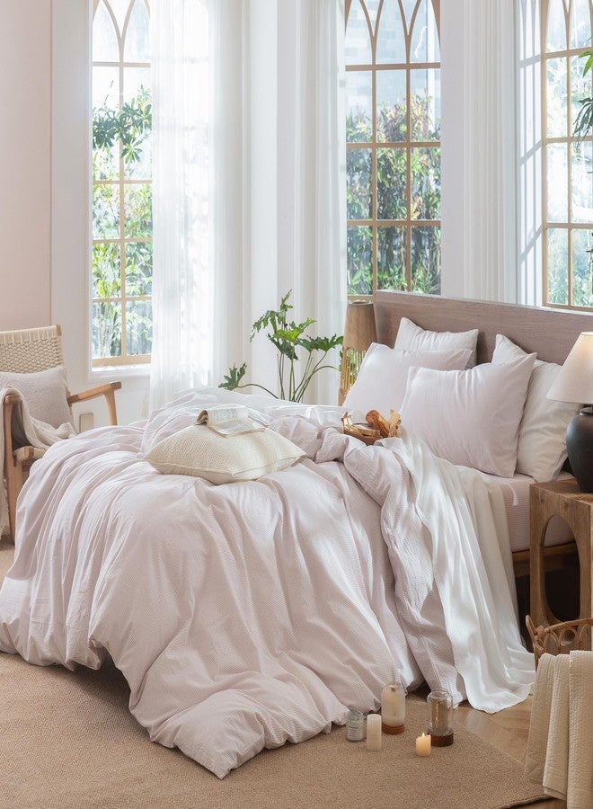 مومى طقم غطاء لحاف مخطط من مومي، مصنوع من القطن المغسول بنسبة 100%، ذو ملمس يشبه الكتان، يسمح بمرور الهواء، متين، ناعم ومريح (خطوط رفيعة رمادية وردية، مقاس كوين 90 × 90 بوصة) - Image 3