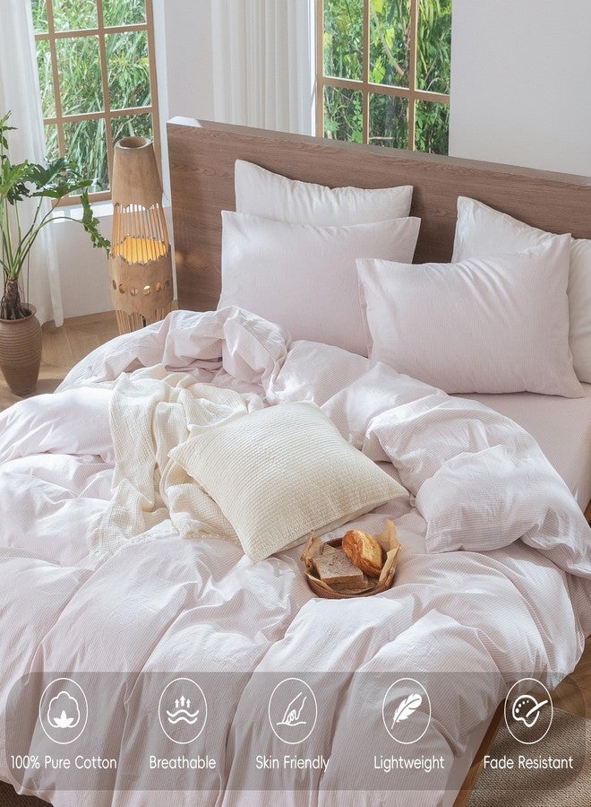 مومى طقم غطاء لحاف مخطط من مومي، مصنوع من القطن المغسول بنسبة 100%، ذو ملمس يشبه الكتان، يسمح بمرور الهواء، متين، ناعم ومريح (خطوط رفيعة رمادية وردية، مقاس كوين 90 × 90 بوصة) - Image 4