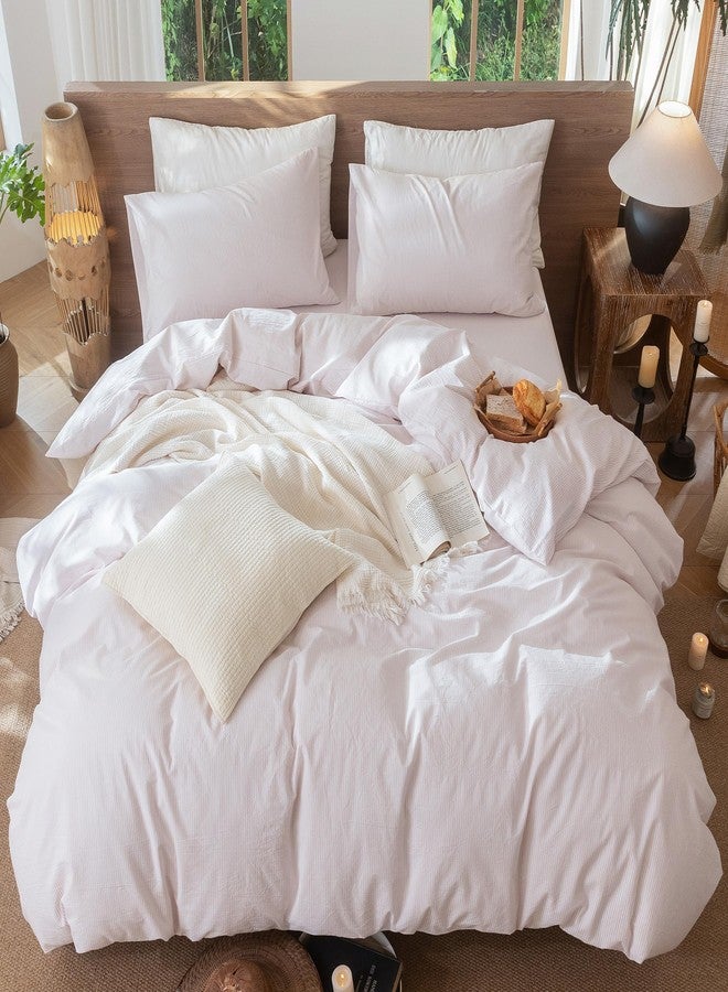 مومى طقم غطاء لحاف مخطط من مومي، مصنوع من القطن المغسول بنسبة 100%، ذو ملمس يشبه الكتان، يسمح بمرور الهواء، متين، ناعم ومريح (خطوط رفيعة رمادية وردية، مقاس كوين 90 × 90 بوصة) - Image 5