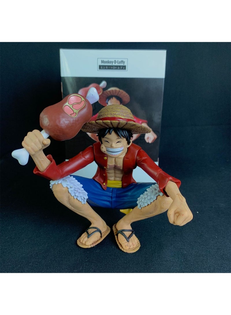 Sailing Anime Pirate Straw Hat Boy Eating Meat Luffy Hand Model Squatting Eating Meat Luffy Character Model Ornaments 15Cm  - Image 1