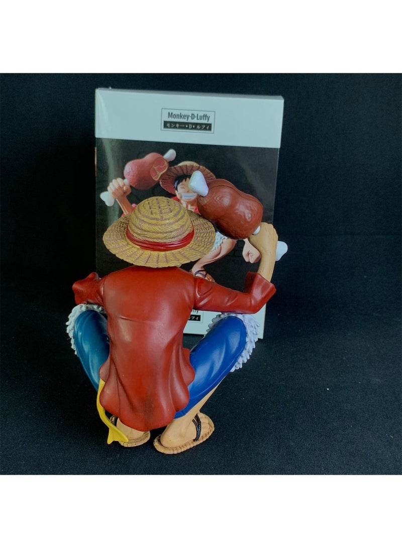 Sailing Anime Pirate Straw Hat Boy Eating Meat Luffy Hand Model Squatting Eating Meat Luffy Character Model Ornaments 15Cm  - Image 4