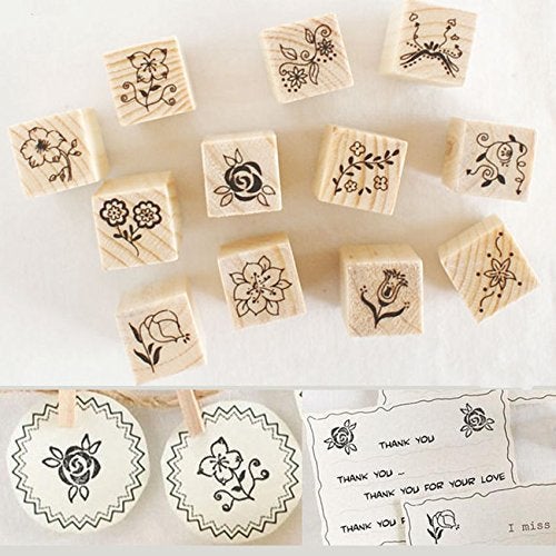Shopline 12 Pieces Vintage Stamps, Wooden Rubber Stamps with Flower Lace for Letters Diary Craft Scrapbooking - Image 5