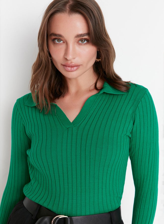 trendyol Green Sleeve Detailed Polo Neck Knitwear Sweater - Image 2