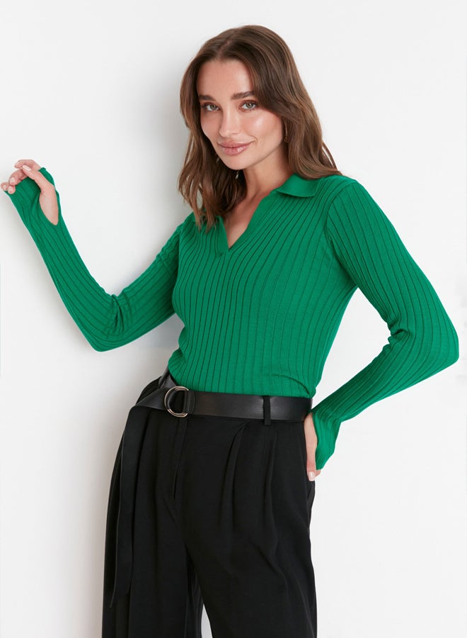 trendyol Green Sleeve Detailed Polo Neck Knitwear Sweater - Image 3