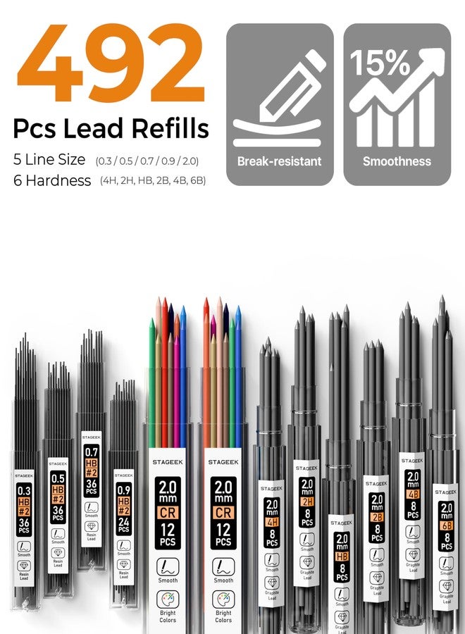 STAGEEK Mechanical Pencil Set with Case 37 Count, Drawing Pencils 0.3, 0.5, 0.7, 0.9MM & 2PCS 2MM Sketching Pencils with 492PCS Lead Refills (6B 4B 2B HB 2H 4H Color) for Artist Drafting Drawing - Image 3