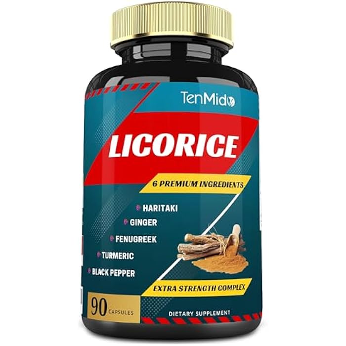 Tenmido Licorice Extract Capsules with Turmeric, Ginger, Fenugreek, Haritaki, Black Pepper - Support Digestion Function - 90 Caps, 3 Months Supply - Image 1