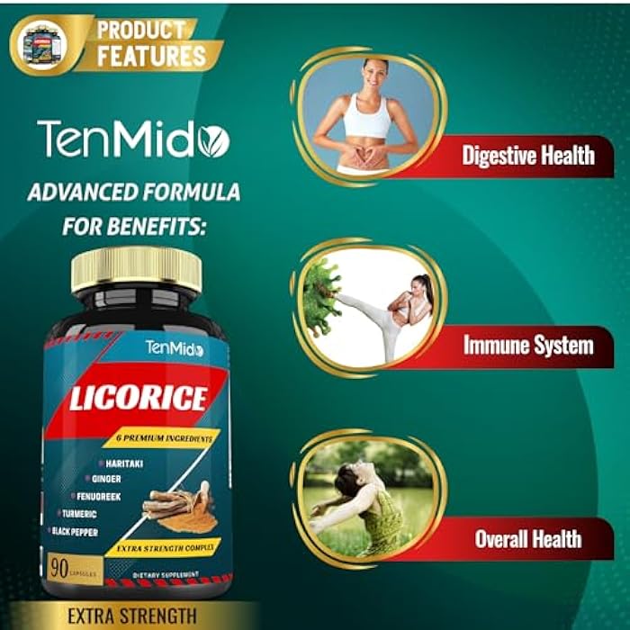 Tenmido Licorice Extract Capsules with Turmeric, Ginger, Fenugreek, Haritaki, Black Pepper - Support Digestion Function - 90 Caps, 3 Months Supply - Image 5