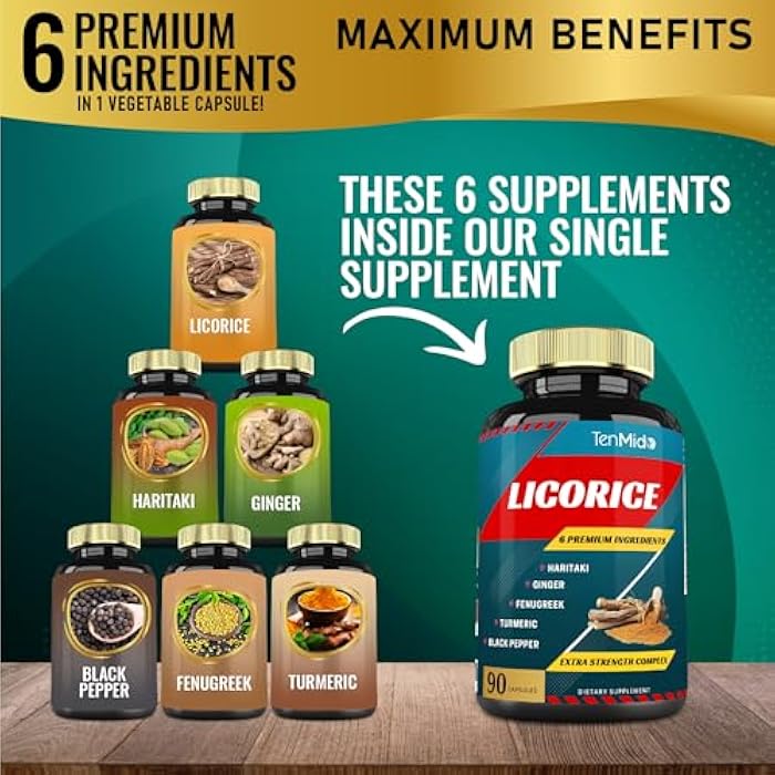 Tenmido Licorice Extract Capsules with Turmeric, Ginger, Fenugreek, Haritaki, Black Pepper - Support Digestion Function - 90 Caps, 3 Months Supply - Image 2