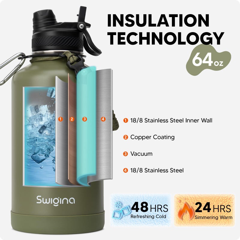 Swigina [2-IN-1 LID] 64 oz Insulated Water Bottle with Silicone Boot (48hrs Cold/24hrs Hot) - DIY Stickers, Leakproof, BPA Free, Half Gallon - Image 3