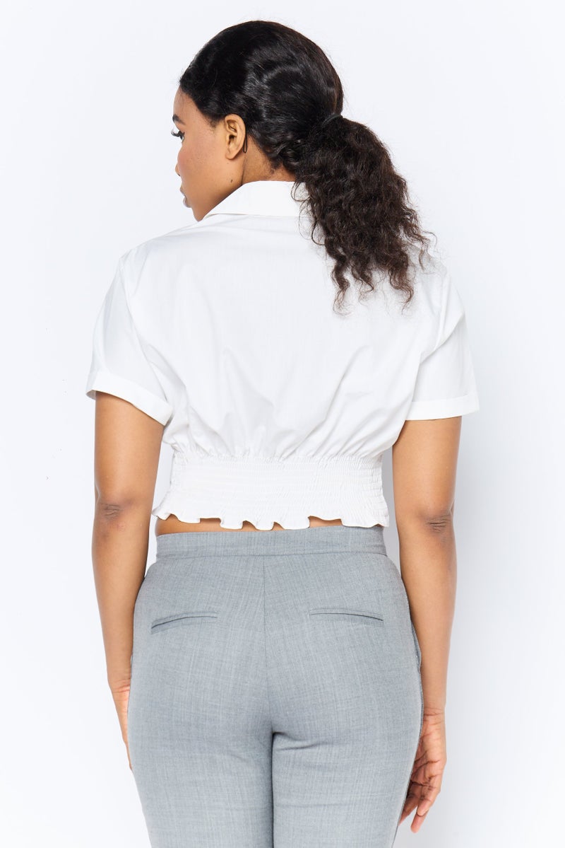 STEVE MADDEN بلوزة نسائية بأكمام قصيرة وياقة مفتوحة، بيضاء - Image 3
