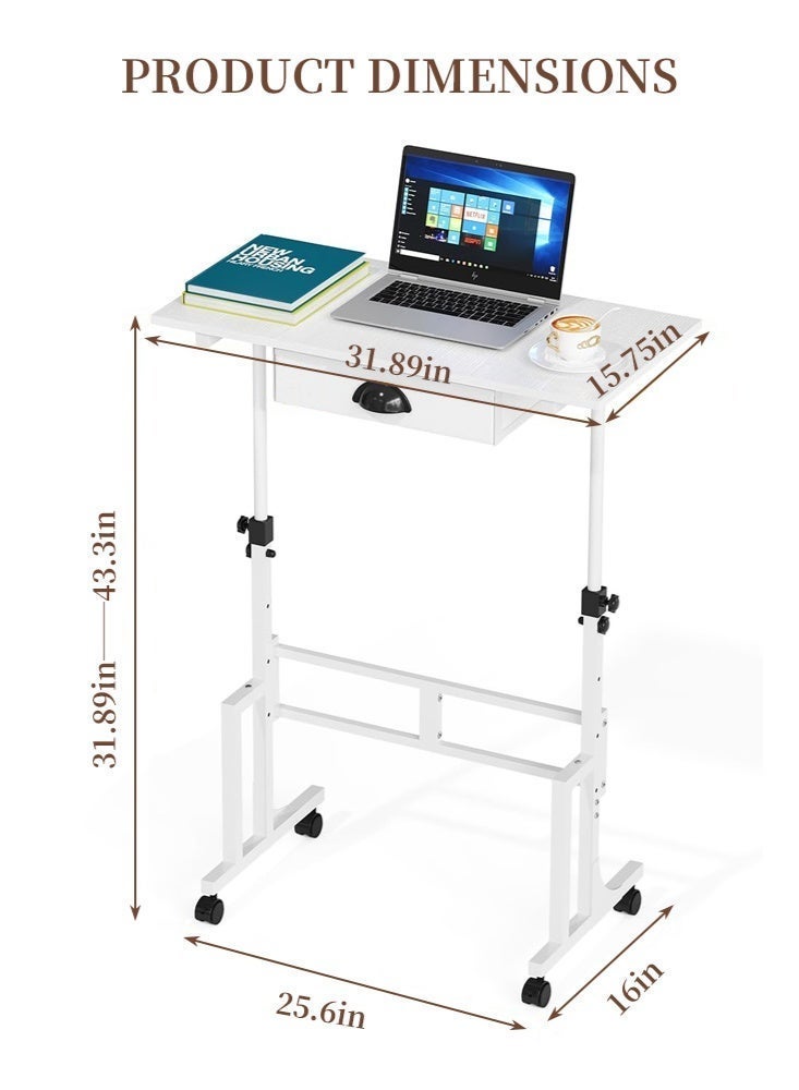Solerconm Adjustable Height Standing Desk with Drawer, Rolling Sit-Stand Computer Desk on Wheels, Small Mobile Desk for Laptop & Walking Pad Treadmill, White - Image 5