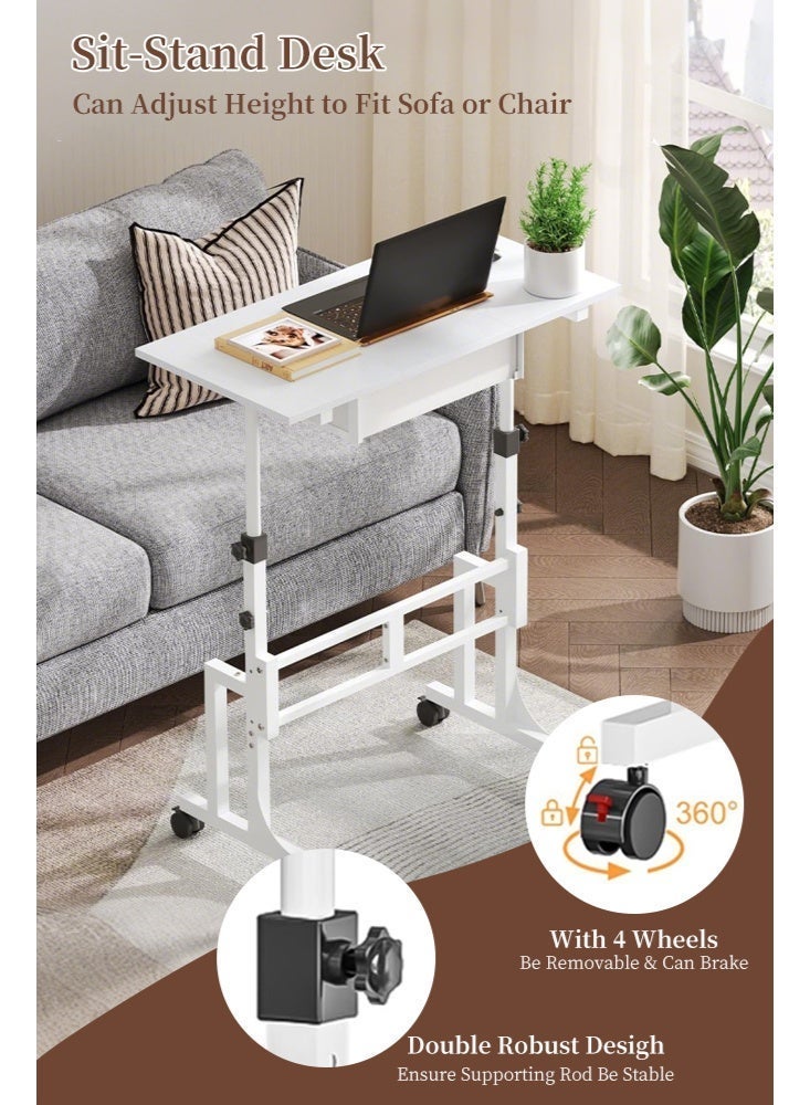 Solerconm Adjustable Height Standing Desk with Drawer, Rolling Sit-Stand Computer Desk on Wheels, Small Mobile Desk for Laptop & Walking Pad Treadmill, White - Image 3