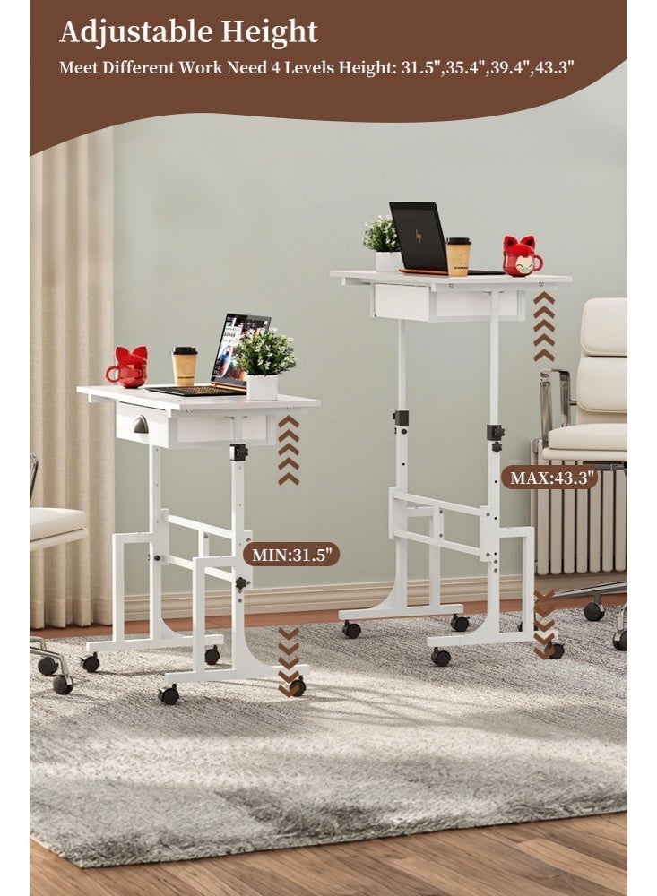 Solerconm Adjustable Height Standing Desk with Drawer, Rolling Sit-Stand Computer Desk on Wheels, Small Mobile Desk for Laptop & Walking Pad Treadmill, White - Image 1