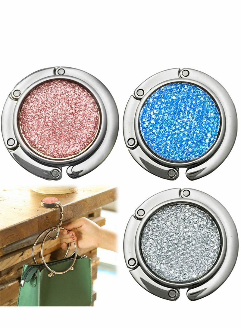 Foldable Purse Hook Floding Handbag Hanger Bling Rhinestone Bag Holder for Table Desk 3 PCS(White Pink Blue)  - Image 1