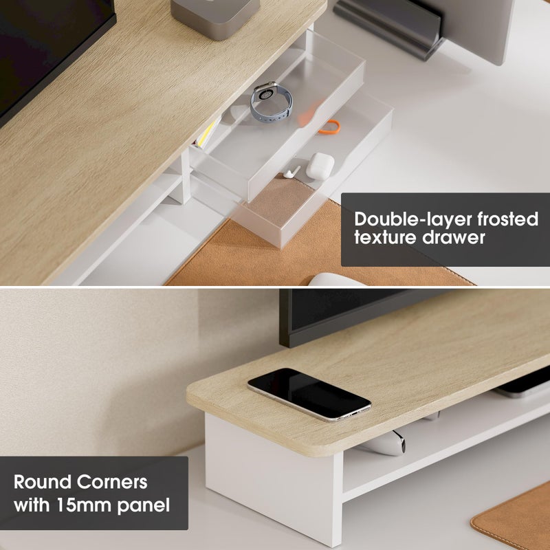 Fenge Monitor Stand, Dual Monitor Riser, 42.5inch Large Desk Computer Monitor Stand Riser with Drawer, 2 Tier Wood & Acrylic Desktop Organizer for Computer, Laptop, Printer, TV Screen Riser - Image 2