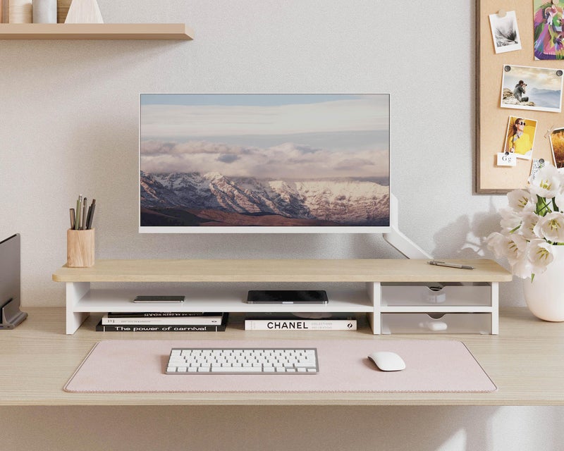 Fenge Monitor Stand, Dual Monitor Riser, 42.5inch Large Desk Computer Monitor Stand Riser with Drawer, 2 Tier Wood & Acrylic Desktop Organizer for Computer, Laptop, Printer, TV Screen Riser - Image 3