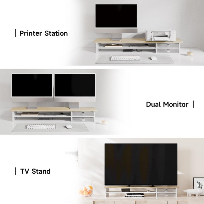 Fenge Monitor Stand, Dual Monitor Riser, 42.5inch Large Desk Computer Monitor Stand Riser with Drawer, 2 Tier Wood & Acrylic Desktop Organizer for Computer, Laptop, Printer, TV Screen Riser - Image 5
