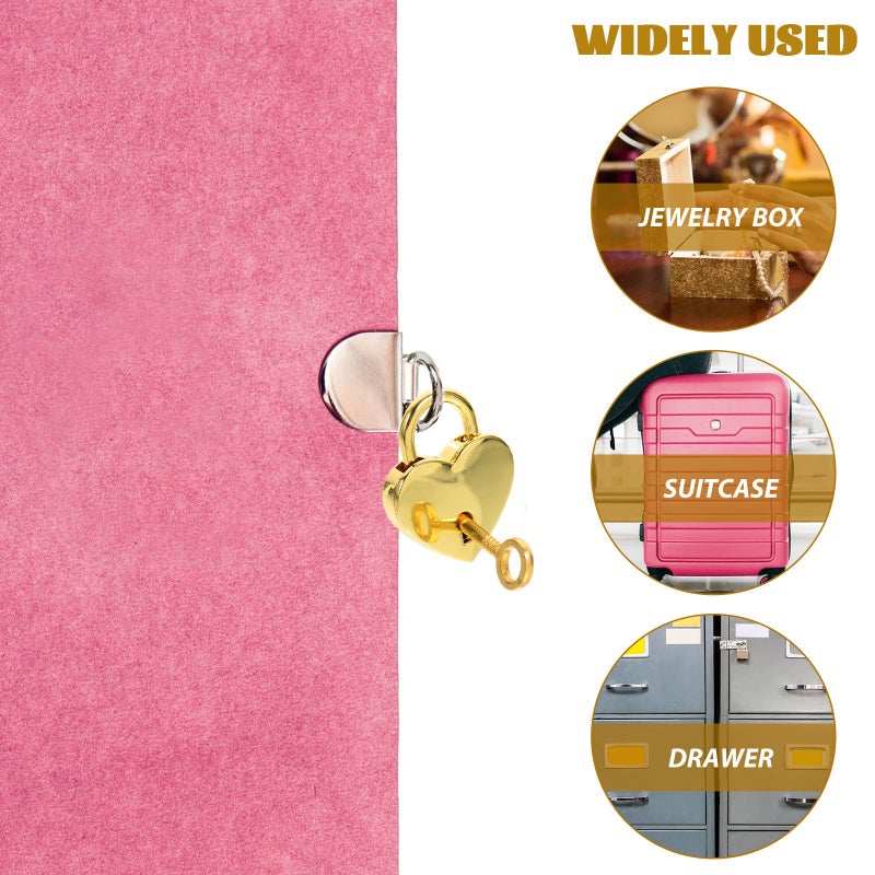 Heart Shaped Small Padlock with Key Gold Finish Metal Luggage Lock for Jewelry Box Diary Backpack - Image 4